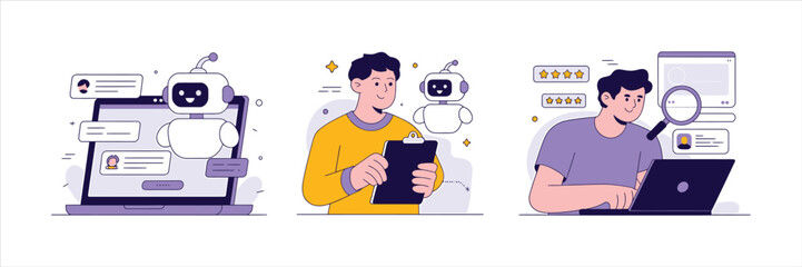 Vector art of modern illustration of customer service with chatbot, data analysis, and online searching
