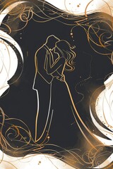 A couple embraces in a romantic pose, outlined in gold against a dark background. The scene conveys love and elegance, perfect for wedding themes