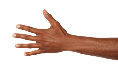 African-American man showing palm on white background, closeup