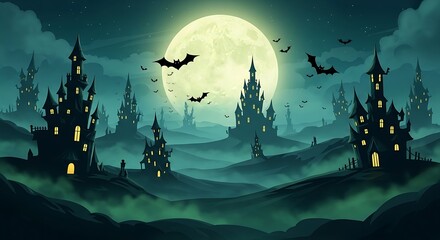 Halloween Misty Castle with Bats and Full Teal Moon