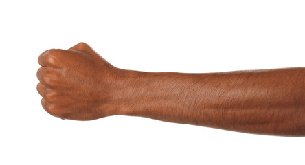 African-American man showing fist on white background, closeup