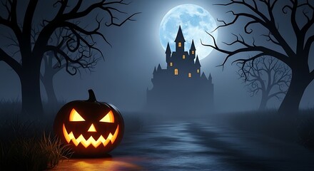 Halloween Jack O Lantern and Misty Castle under Blue Moon