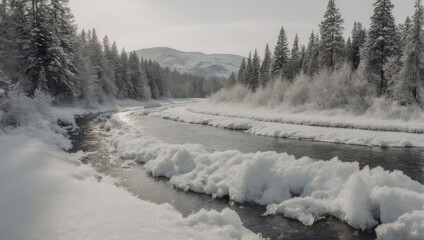 Snowy river flows through a winter forest, mountains visible in the distance, soft light