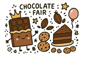 Chocolate Celebration Doodle. Chocolate fair illustration doodle style: hand drawn chocolate bar with smile, crown, star, balloon,