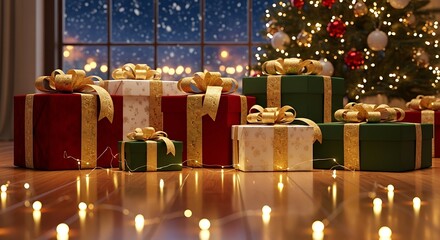 Christmas Gifts and Fairy Lights by Snowy Window