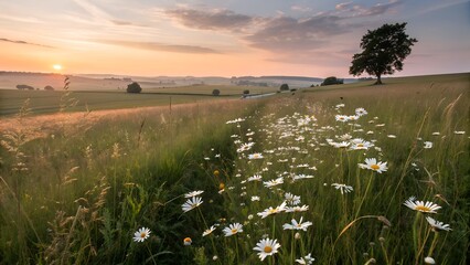 Field of white daisies mixed with tall wild grass, low sun casting long shadows, serene countryside mood