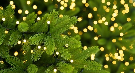 Christmas Tree Branches with Fairy Lights and Bokeh