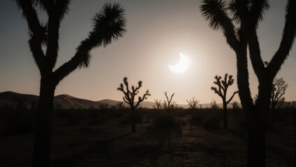 Silhouette of Joshua trees framing a partial solar eclipse over desert landscape