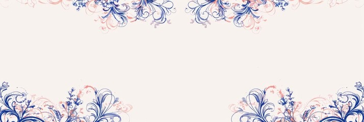 A decorative floral border with intricate blue and pink designs on a light background. The pattern features swirling shapes and delicate details, horizontal banner, copy space, free space for text