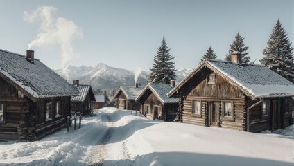 Snowy village with wooden cabins, pathway, mountains, and fir trees under a bright sky