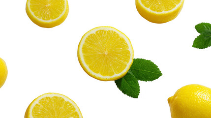 Lemon slice fresh citrus fruit green mint leaf juicy yellow color isolated on transparency background summer healthy food vibrant refreshing natural organic