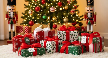 Christmas Gifts on Fluffy Rug with Lit Tree and Nutcrackers