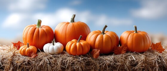 Two bright orange pumpkins sit beside a straw bale, showcasing the beauty of autumn with fallen leaves scattered around