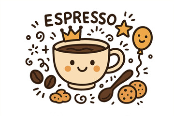 Obraz premium Cheerful Espresso Cup. Espresso illustration doodle style: hand drawn espresso cup with smile, crown, star, balloon, beans, spoon,