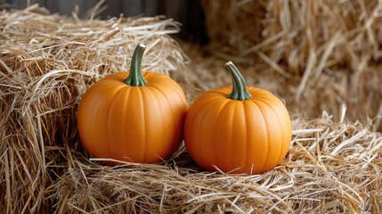 Two bright orange pumpkins sit beside a straw bale, showcasing the beauty of autumn with fallen leaves scattered around