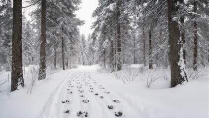 Snow-covered path through a frosted forest with footprints leading to the distance