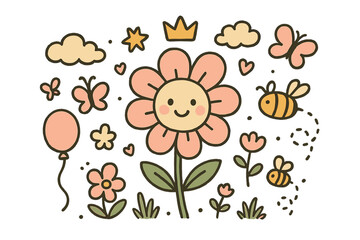 Fototapeta premium Whimsical Nature Doodle. Nature harmony illustration doodle style: hand drawn flower with smile, crown, star, balloon, butterflies