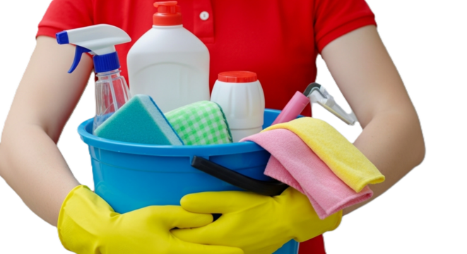 Woman in Yellow Gloves Holding Cleaning Supplies Isolated