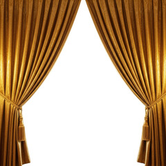 Rich golden curtains open revealing a dramatic dark space and stage transparent background