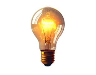 Glowing light bulb with soft illumination, transparent background