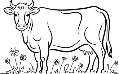 Simple black and white line art of a cute farm cow, standing in a grassy field with flowers, a coloring book page