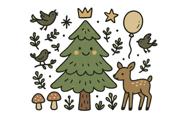 Naklejka premium Whimsical Forest Friends. Forest illustration doodle style: hand drawn pine tree with smile, crown, star, balloon, mushrooms, deer