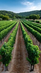 Naklejka premium Rows of vibrant grapevines cover the hillside, with winding paths leading through the lush greenery on a sunny day