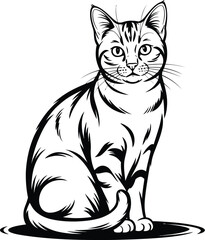 Black and White Tabby Cat Line Art Drawing Vector Illustration Sitting Elegant Pose Cute Domestic Feline Pet Animal Simple Icon Outline Sketch Style Graphic