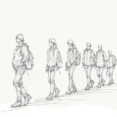 Minimal continuous line art of people walking, black thin lines on white background abstract simplicity.
