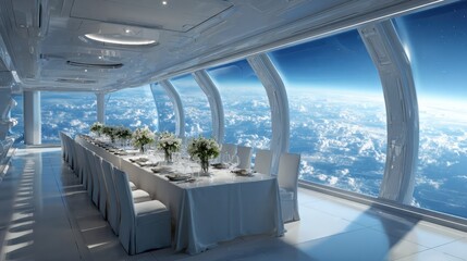 Fototapeta premium A grand table is set for dining with flowers in a sleek space room overlooking Earth.