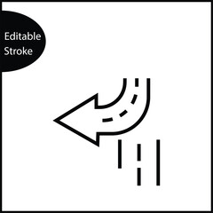 A minimalist line icon featuring a curved arrow pointing left, representing a road segment with a left turn command or driving direction. This symbol signifies navigation, map routing, traffic flow.