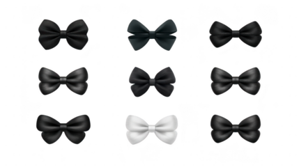 Black bow tie elegant accessory formal fashion isolated on transparency background classic style collection of nine shiny texture men wear celebration sophistication