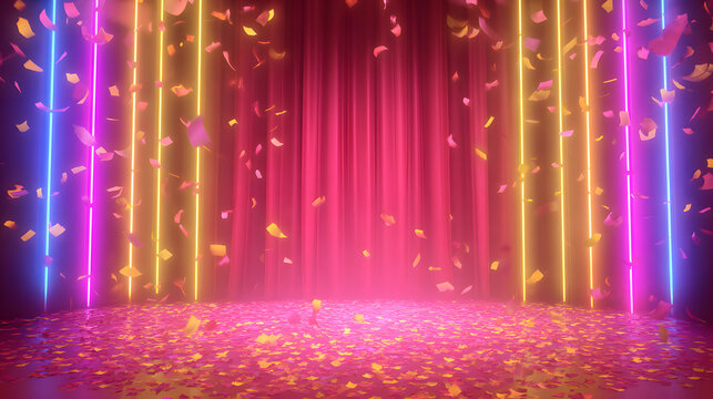 Animated kids birthday stage background, thin neon border lights, cartoon curtains, confetti raining, fun energetic frame for video templates.