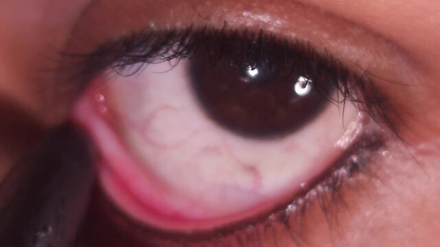 Indian teenage girl carefully applies make up on her eyelid in a close-up view, cinematic beauty look.