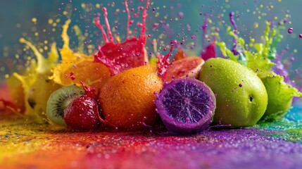 Fruit splashes against a colorful background, with vibrant colors and splashes of paint.