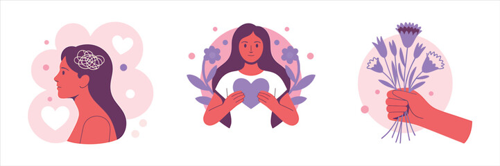 Vector art of mental health and self care concept with woman holding heart, brain with thoughts and hand with flowers