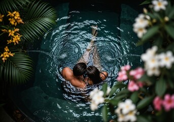 Couple embracing in a tropical pool surrounded by lush foliage