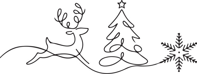 Naklejka premium Whimsical line art of a deer and christmas trees on a snowy ground