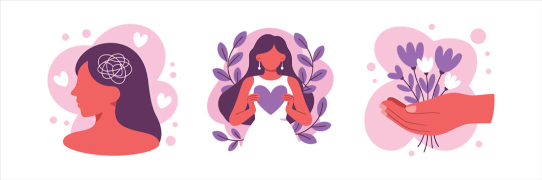 Vector art of mental health and self care concept with woman holding heart, brain with thoughts and hand with flowers