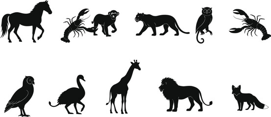 Wild animal silhouettes collection with horse, lion, giraffe, owl, monkey, lobster, fox, and bird isolated vector illustration design