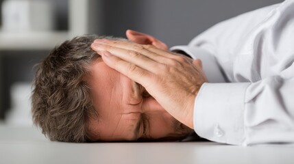 Fototapeta premium A stressed man covers his face with his hands while lying on a desk at work.