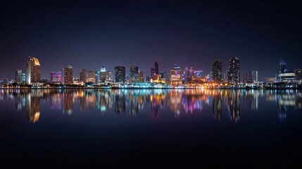 Fototapeta premium Nighttime panoramic view of a cityscape with illuminated buildings reflecting on calm water