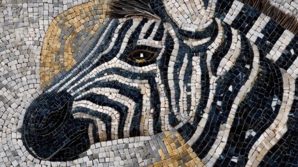A close-up of a zebra's face, featuring intricate black and white stripes, set against a golden background with a circular pattern.