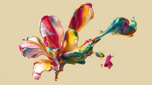 A vibrant, abstract painting of a colorful flower with splashes of paint in various colors, set against a beige background.