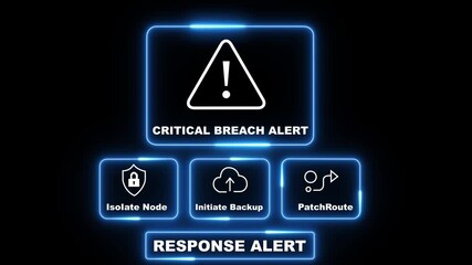 Critical Breach Alert response notification on digital interface in data center server room with isolate node initiate backup patch route options. neon line ,4K video ,  cybersecurity hacking Warning - Powered by Adobe