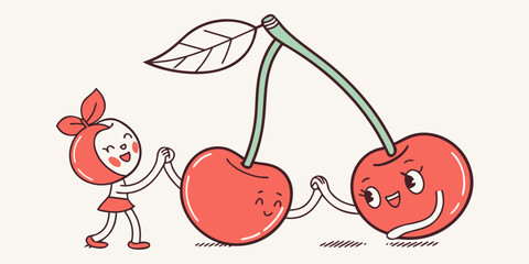 Cute sweet cherry twins holding hands, adorable minimal flat vector illustration