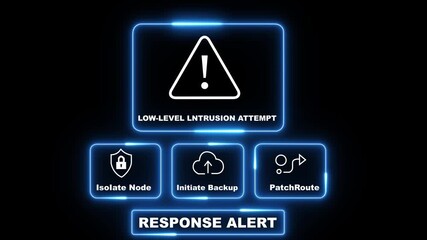 Low-Level Intrusion Attempt response notification on digital interface in data center server room with isolate node initiate backup patch route options. neon line ,4K video ,  cybersecurity warning - Powered by Adobe