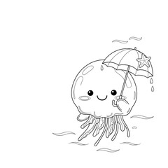 Cute Cartoon Jellyfish with Umbrella and Starfish coloring page
