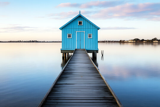 Bright blue house on stilts with a wooden pier overlooking a calm lake during sunset