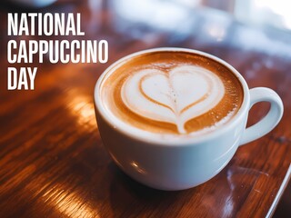 Celebrate national cappuccino day with a delicious coffee drink featuring heart latte art on a wooden table